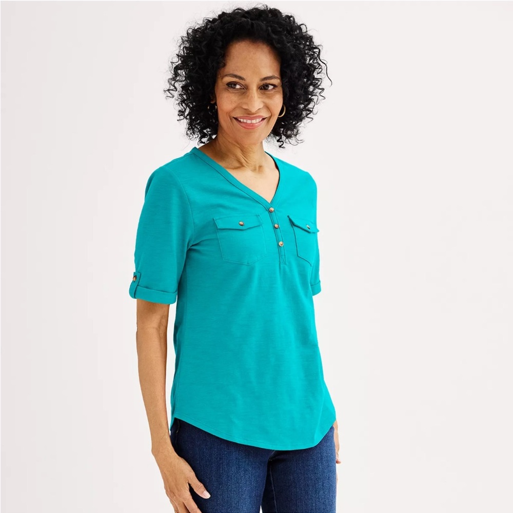 NWT Women's Croft & Barrow Marina Blue Small Elbow Sleeve Utility Henley Top